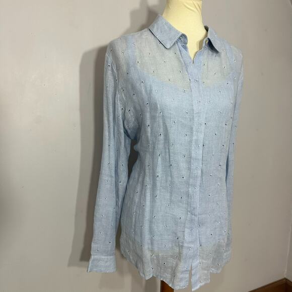 DONCASTER Blue Linen Silk 2pc Layered Top Set Sz 18 Cottage Preppy Eyelet Sheer - Picture 8 of 16